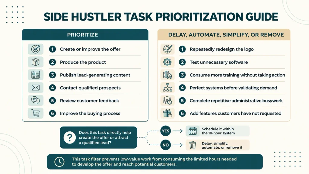 Side hustler task prioritization guide showing high-value tasks to prioritize and low-value tasks to delay, automate, simplify, or remove.