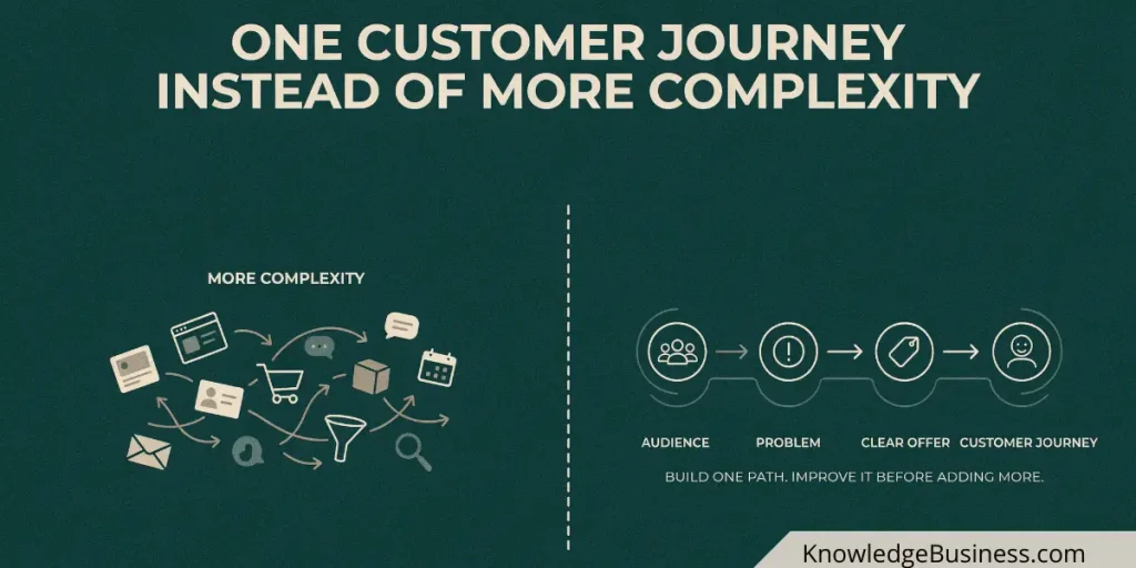 One customer journey compared with a more complex marketing setup for a knowledge business.