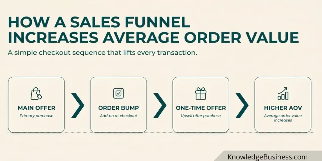 Checkout sequence showing a main offer, order bump, and one-time offer contributing to average order value.