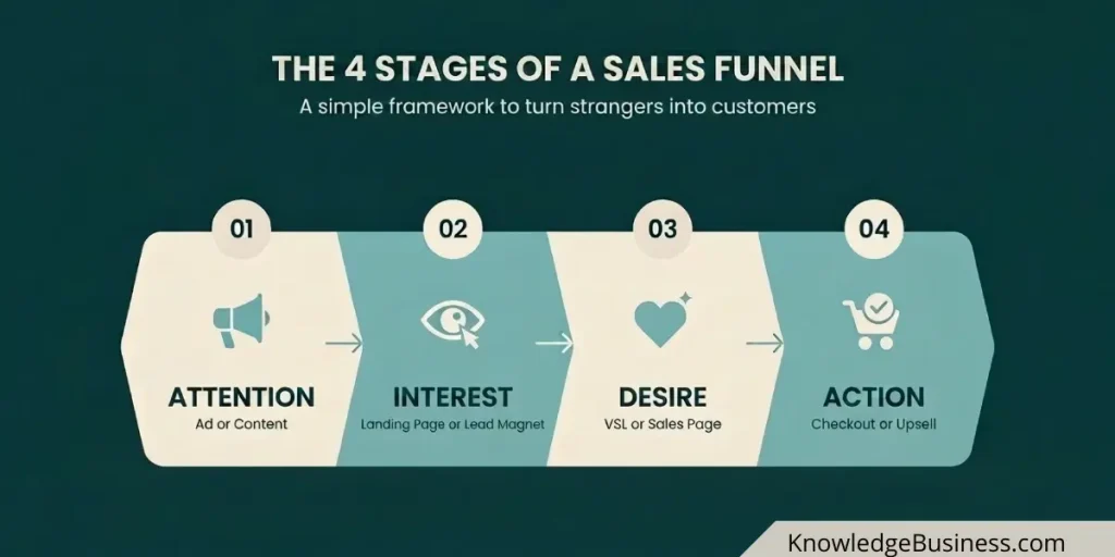 AIDA sales funnel showing Attention, Interest, Desire, and Action stages for a side hustle.