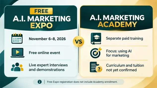 Free A.I. Marketing Expo on November 6-8, 2026, compared with Eben Pagan's separate paid A.I. Marketing Academy training.