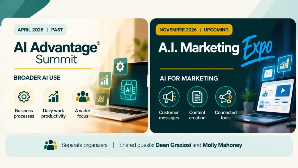 A.I. Marketing Expo vs AI Advantage Summit comparison: AI marketing in November 2026 versus broader AI applications in April 2026, with shared guests Dean Graziosi and Molly Mahoney.