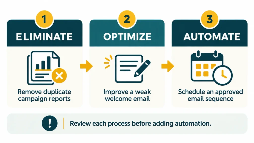 Three steps labeled Eliminate, Optimize and Automate, illustrated with ordinary marketing tasks.