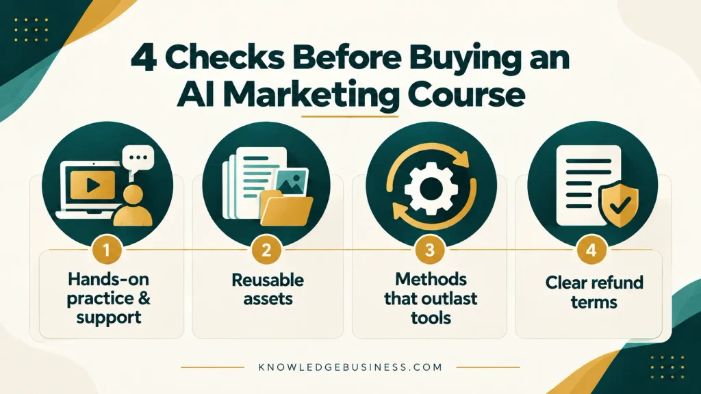 Infographic showing four checks for choosing an AI marketing course: hands-on practice, reusable assets, lasting methods, and clear refund terms.